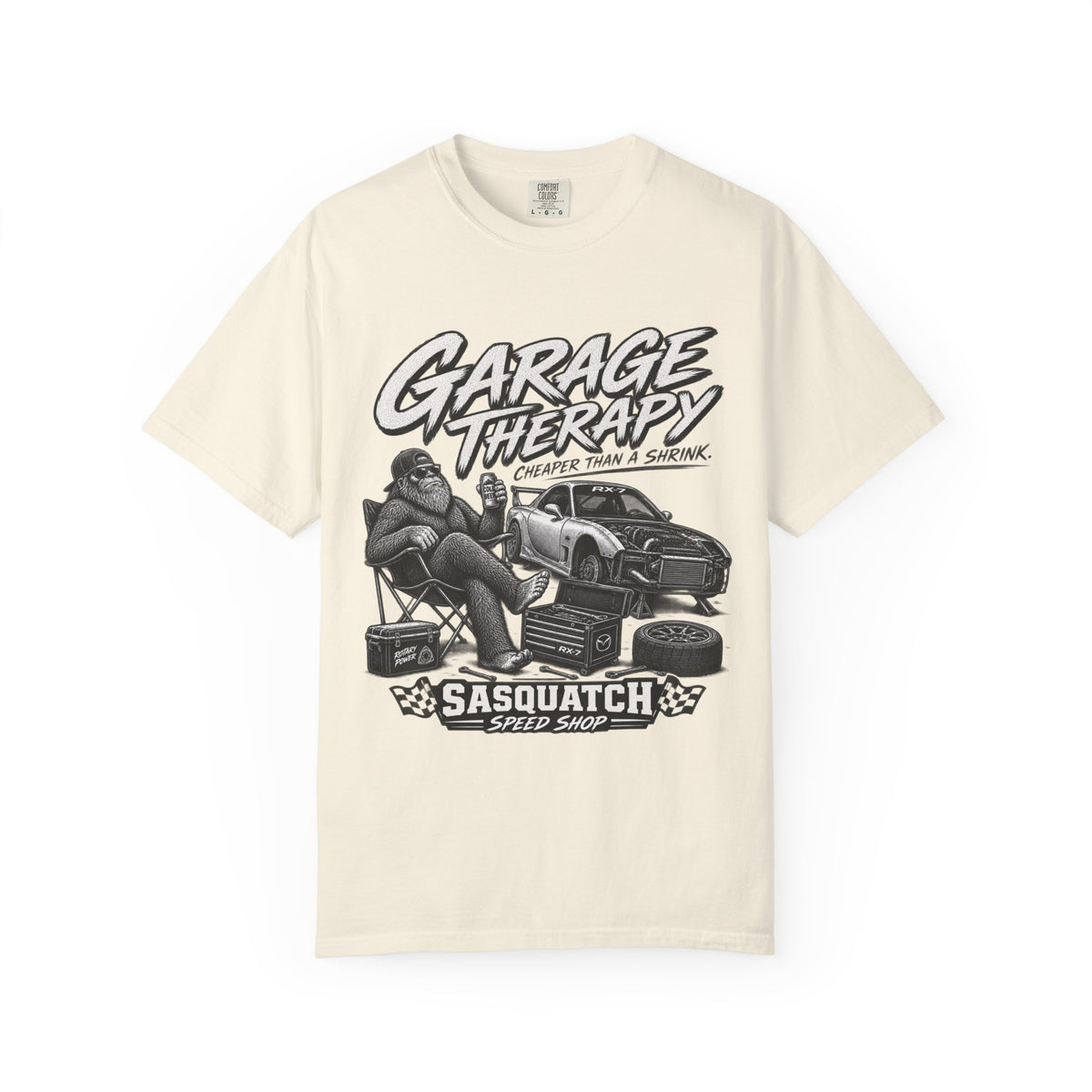 Garage Therapy T-Shirt — "Garage Therapy: Cheaper Than a Shrink" Sasquatch Speed Shop Tee