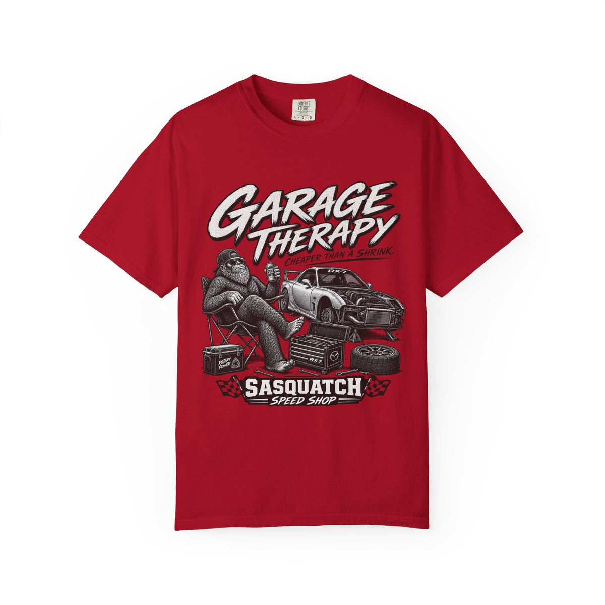 Garage Therapy T-Shirt — "Garage Therapy: Cheaper Than a Shrink" Sasquatch Speed Shop Tee