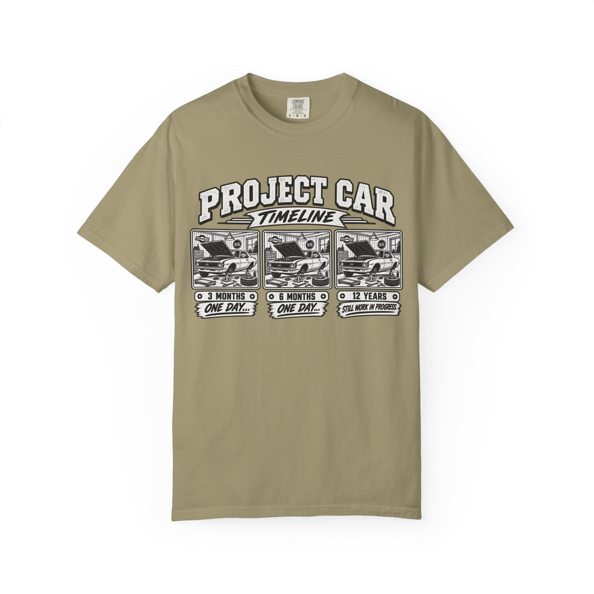 "Project Car: 0 Months, 6 Months, 12 Years" Funny Car Restoration T-Shirt
