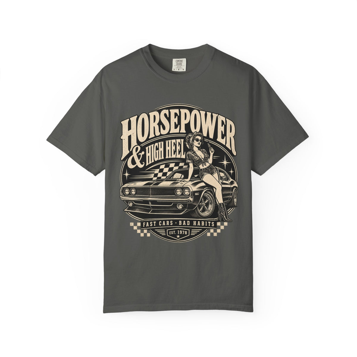 Horsepower & High Heel Car Tee — Vintage Pinup Muscle Car Graphic T-Shirt