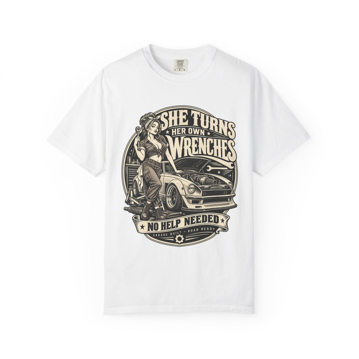 She Turns Her Own Wrenches T-Shirt — Empowered Female Mechanic Vintage Graphic Tee