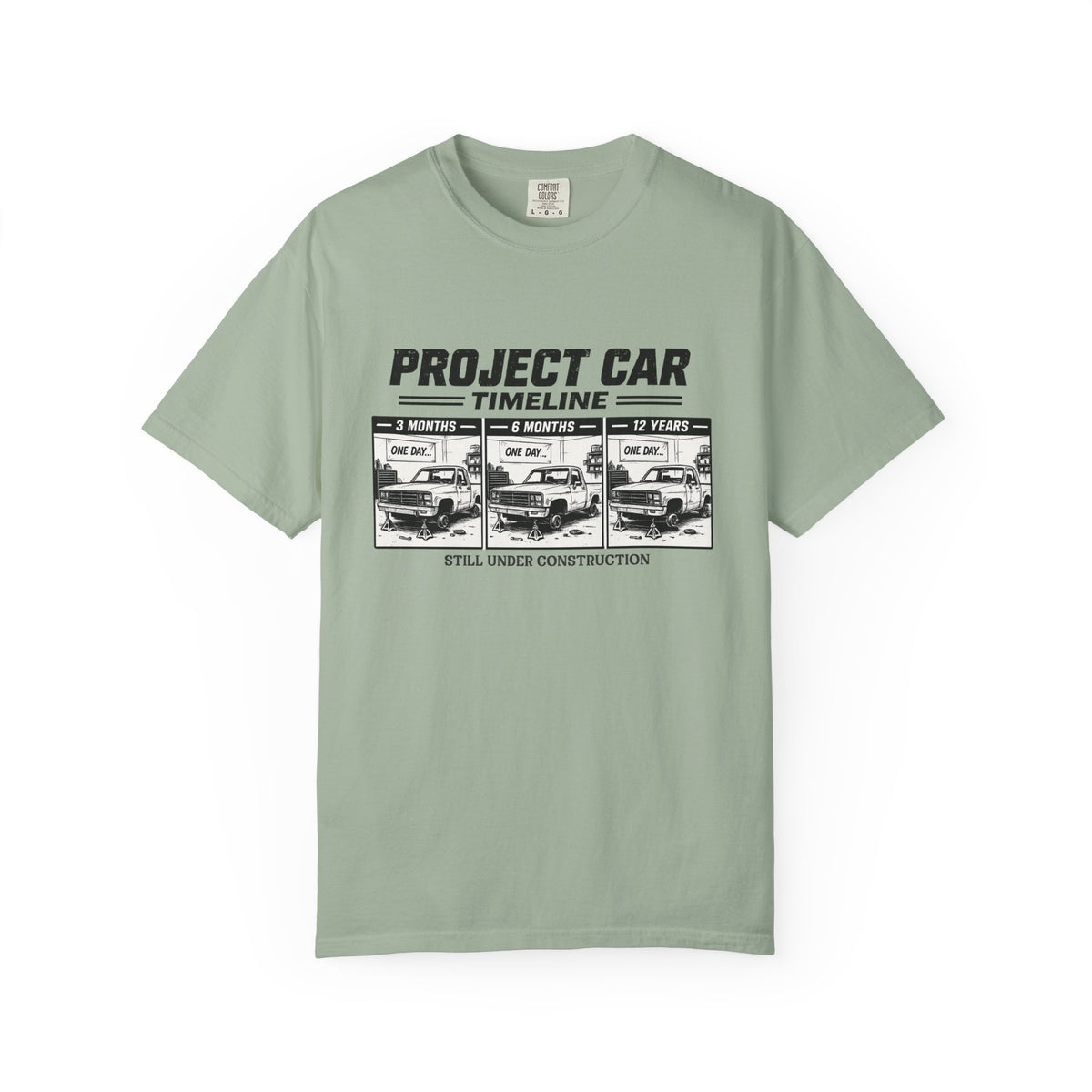 Project Car Timeline T-Shirt — "Project Car: Still Under Construction" Auto Mechanic Tee