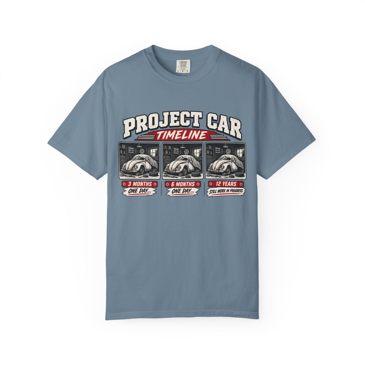 Funny Project Car Timeline T-Shirt – Car Restoration Tee ("3 Months, 6 Months, 12 Years")