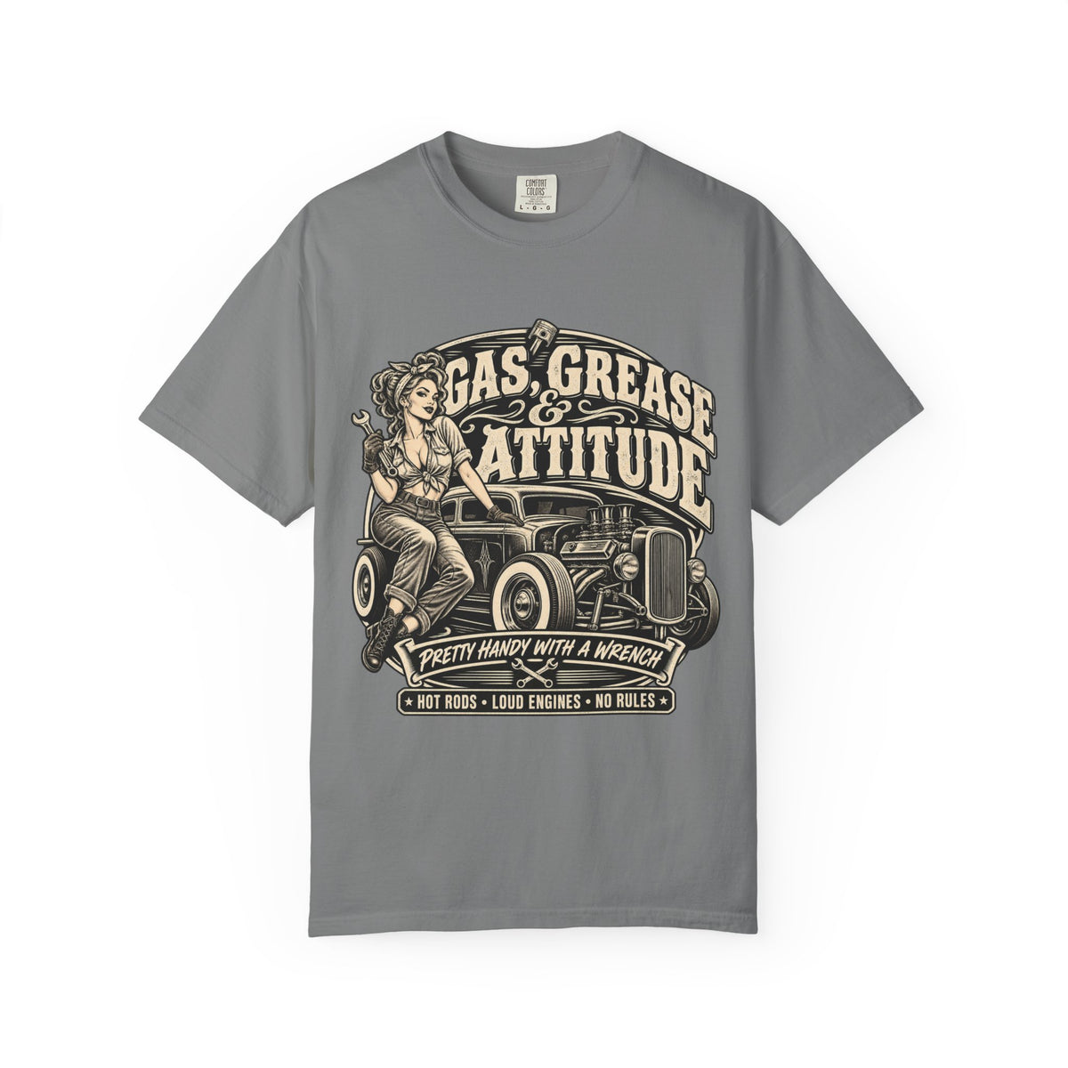 Gas, Grease & Attitude T-Shirt — Vintage Hot Rod Pinup Auto Mechanic Tee