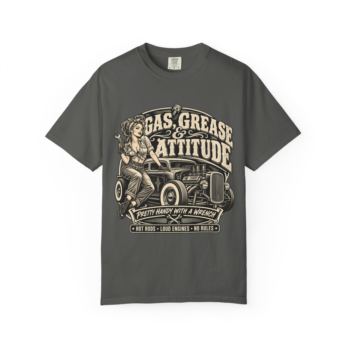 Gas, Grease & Attitude T-Shirt — Vintage Hot Rod Pinup Auto Mechanic Tee