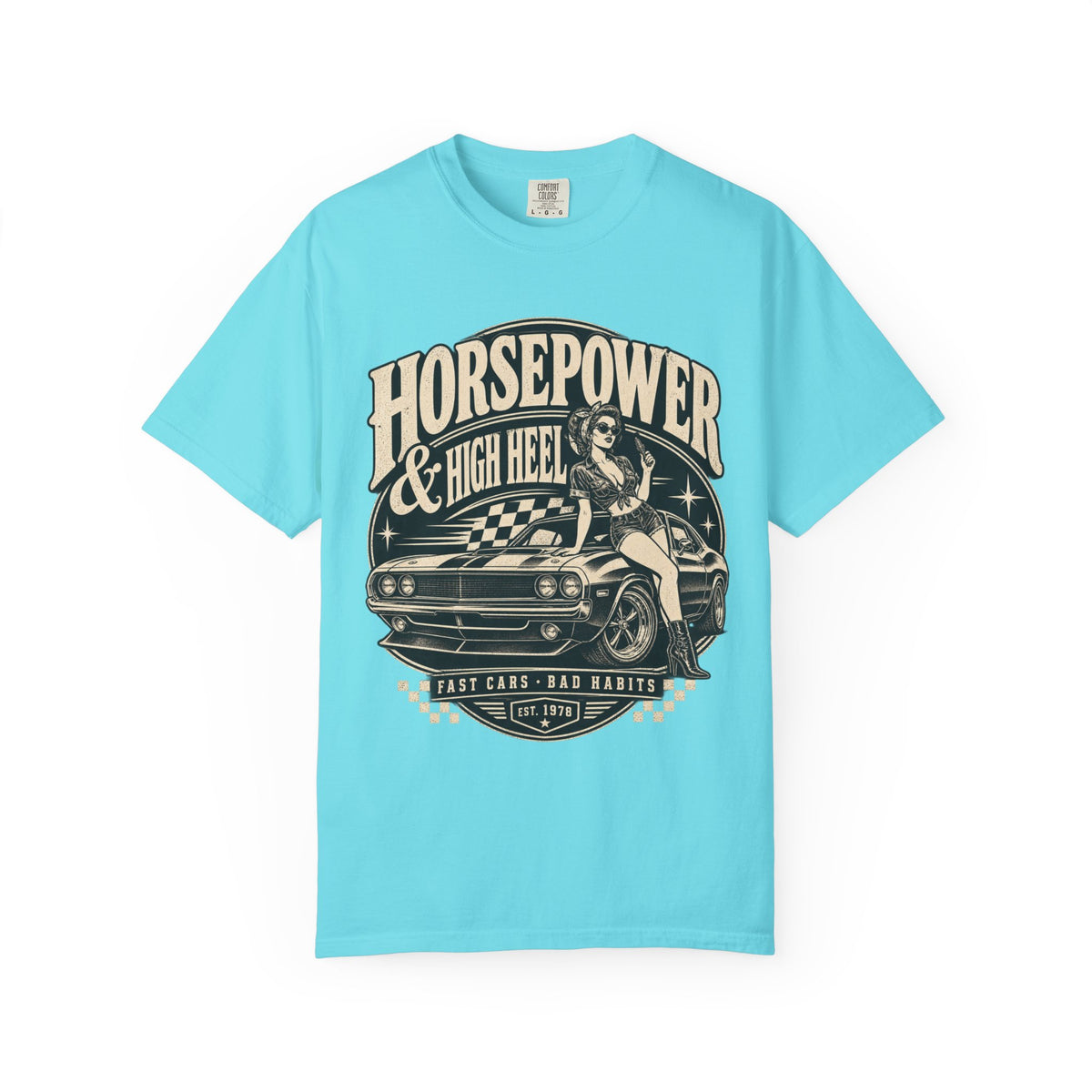 Horsepower & High Heel Car Tee — Vintage Pinup Muscle Car Graphic T-Shirt