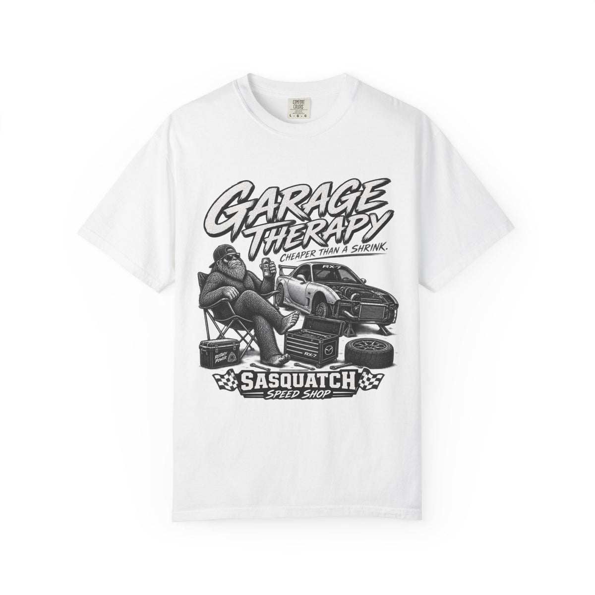 Garage Therapy T-Shirt — "Garage Therapy: Cheaper Than a Shrink" Sasquatch Speed Shop Tee