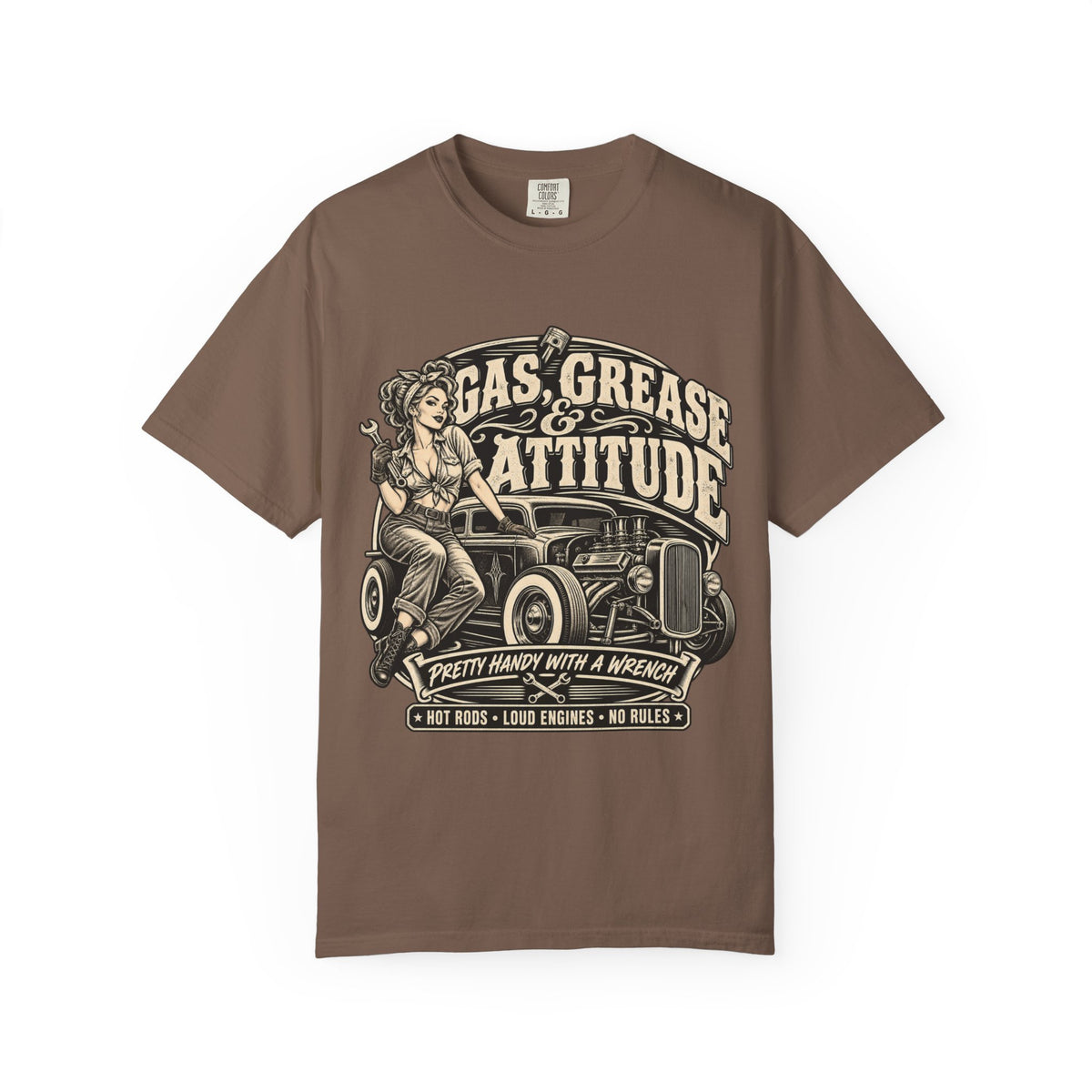 Gas, Grease & Attitude T-Shirt — Vintage Hot Rod Pinup Auto Mechanic Tee