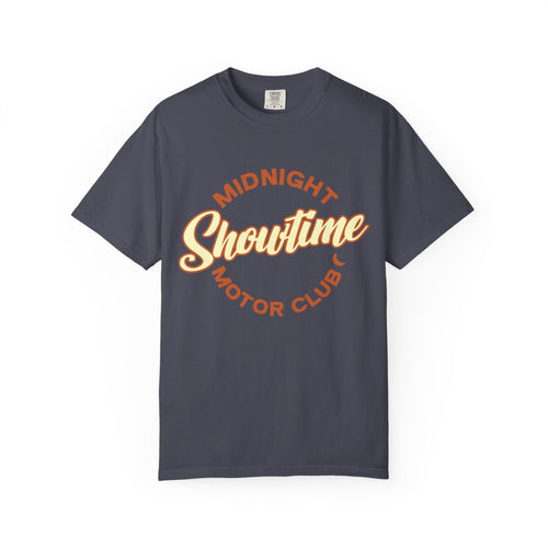 "Midnight Showtime Motor Club" Retro Script Car Culture Tee