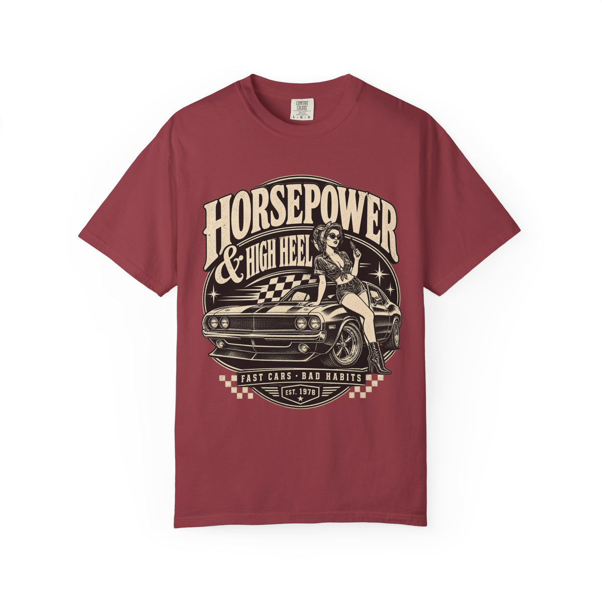 Horsepower & High Heel Car Tee — Vintage Pinup Muscle Car Graphic T-Shirt