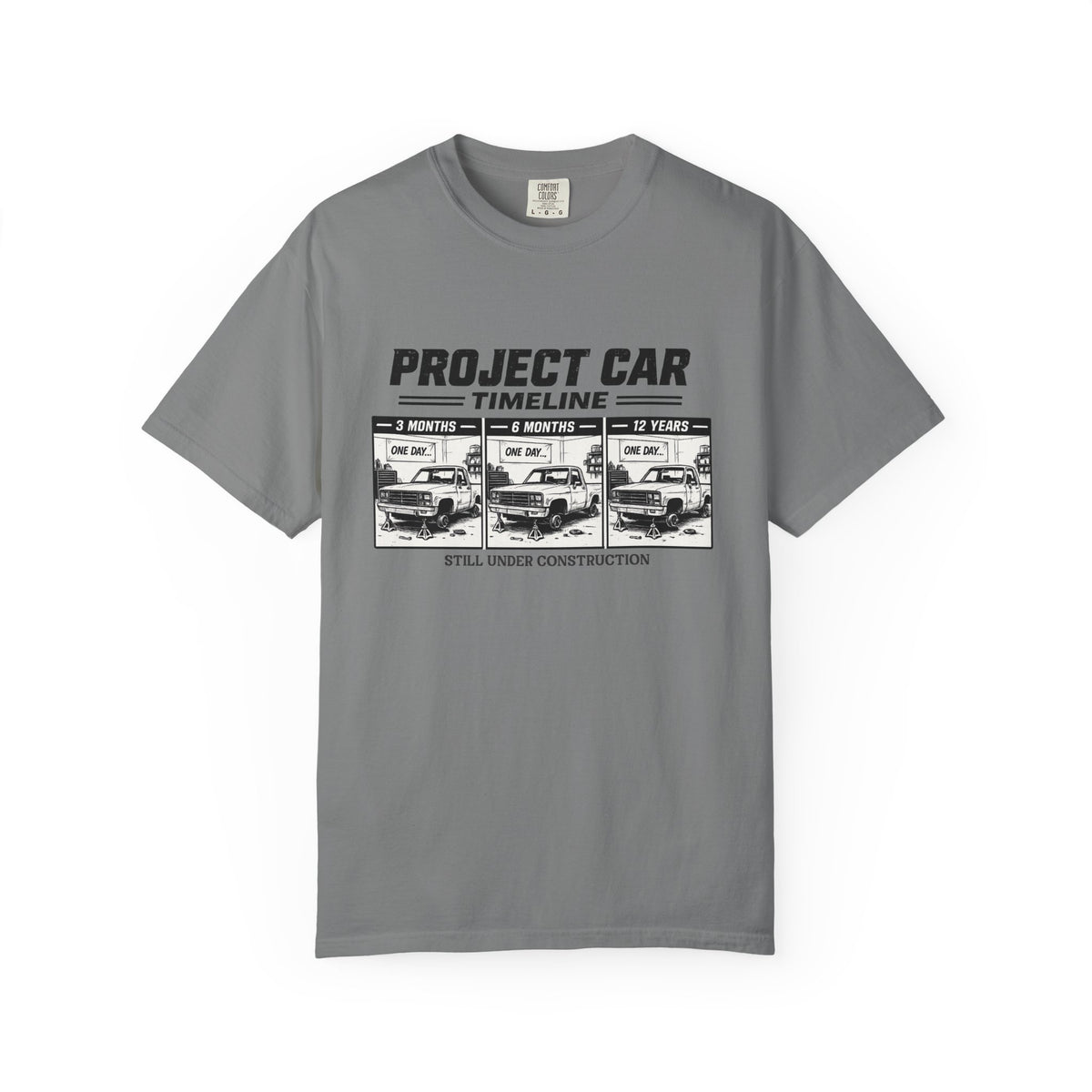 Project Car Timeline T-Shirt — "Project Car: Still Under Construction" Auto Mechanic Tee
