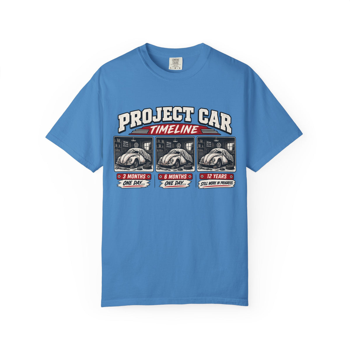 Funny Project Car Timeline T-Shirt – Car Restoration Tee ("3 Months, 6 Months, 12 Years")