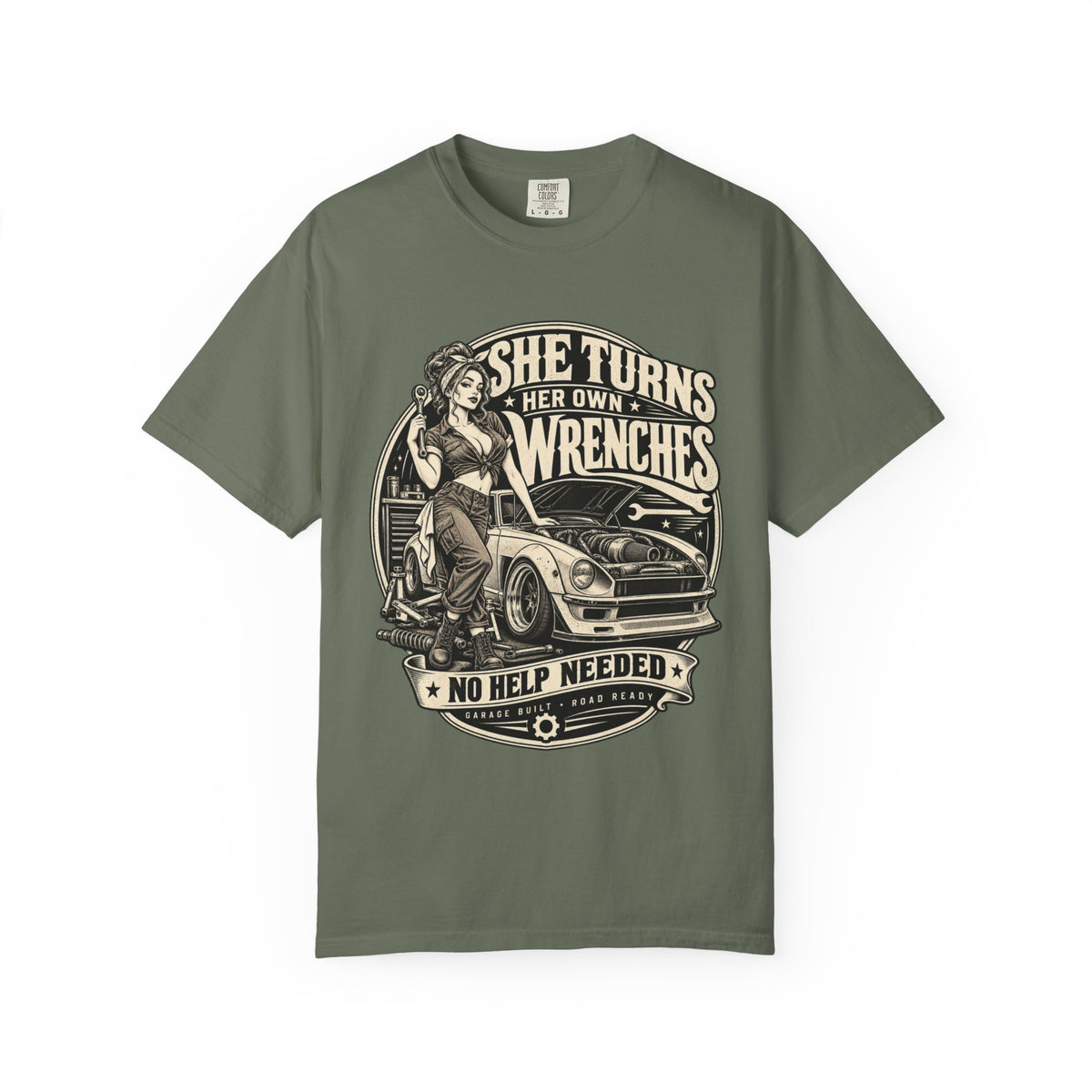 She Turns Her Own Wrenches T-Shirt — Empowered Female Mechanic Vintage Graphic Tee
