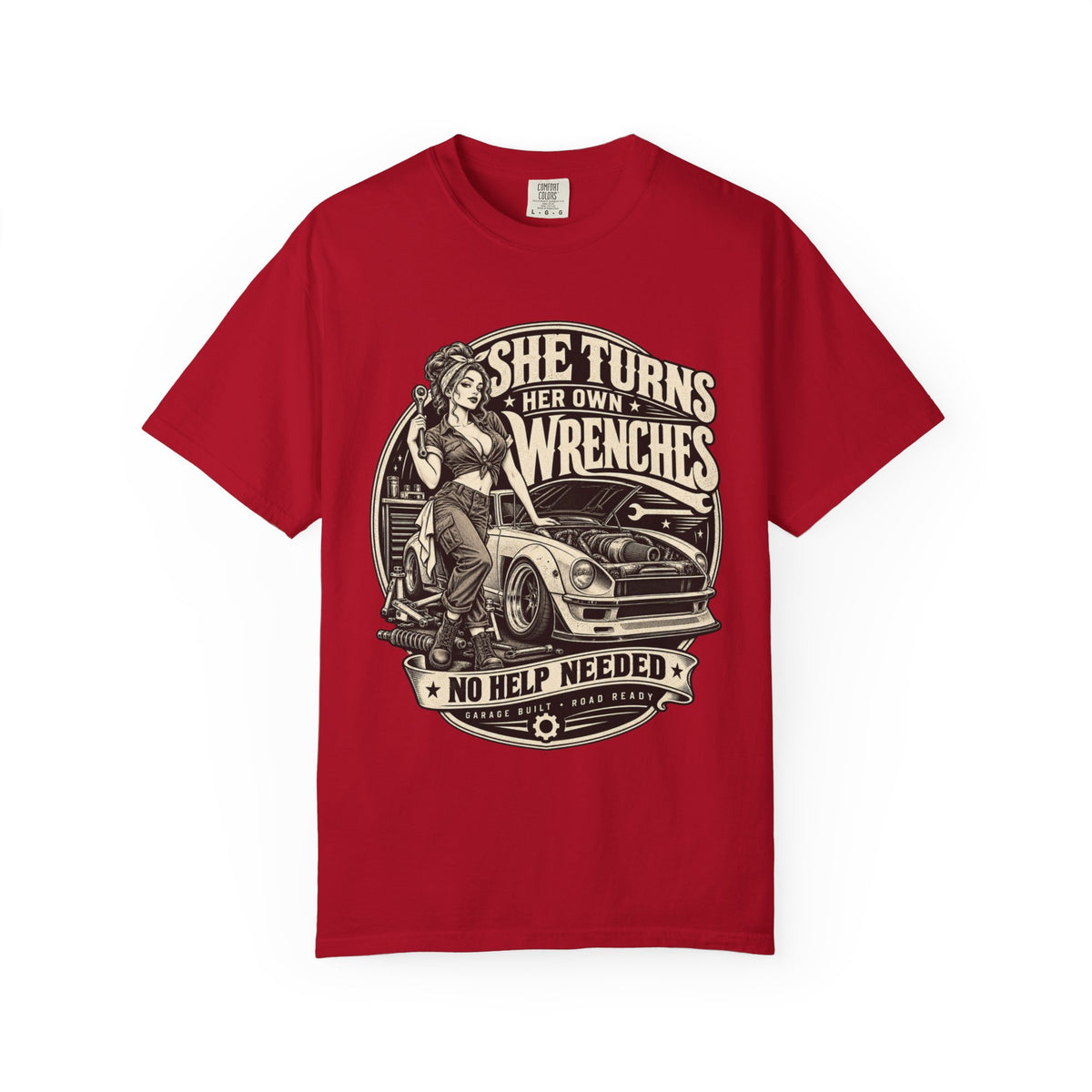 She Turns Her Own Wrenches T-Shirt — Empowered Female Mechanic Vintage Graphic Tee