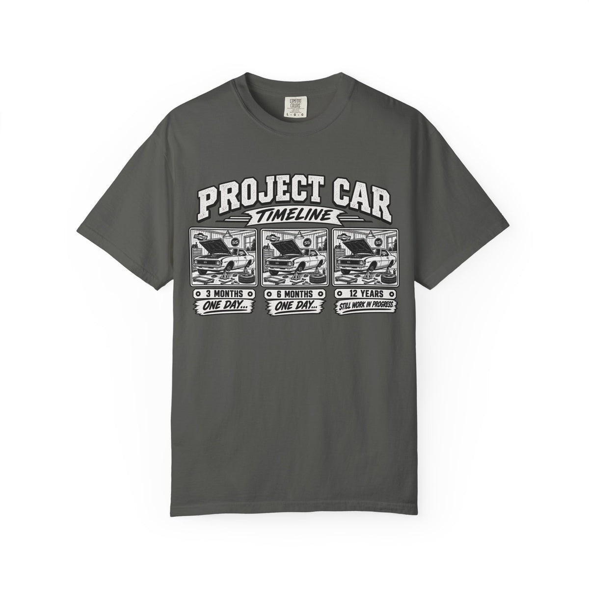 "Project Car: 0 Months, 6 Months, 12 Years" Funny Car Restoration T-Shirt