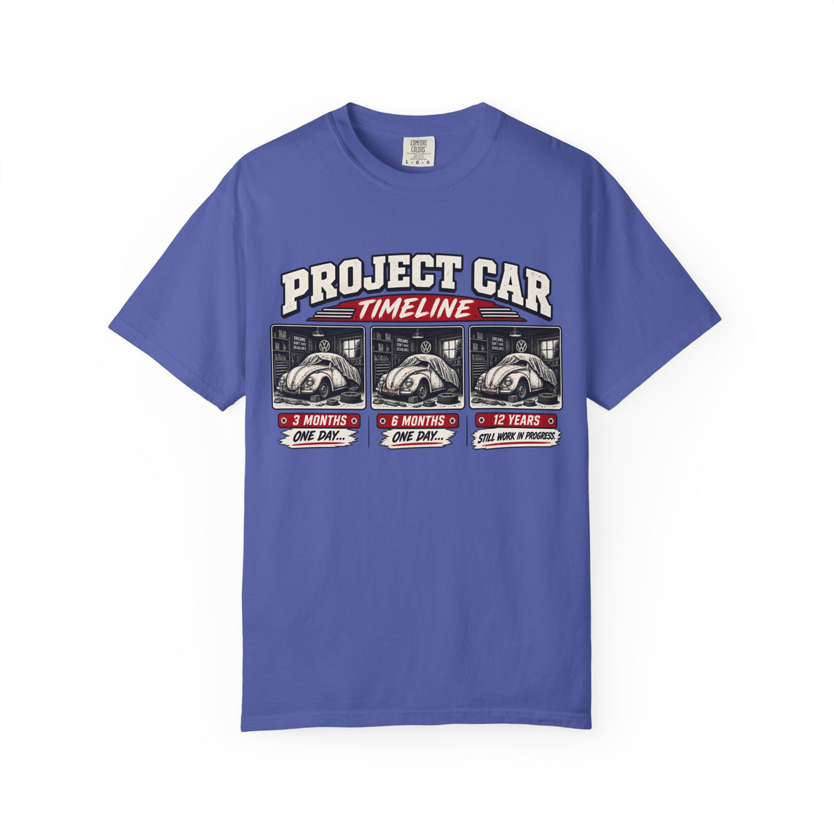 Funny Project Car Timeline T-Shirt – Car Restoration Tee ("3 Months, 6 Months, 12 Years")