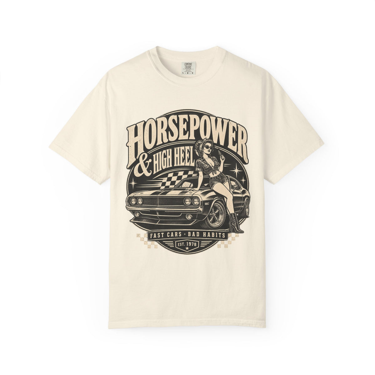 Horsepower & High Heel Car Tee — Vintage Pinup Muscle Car Graphic T-Shirt