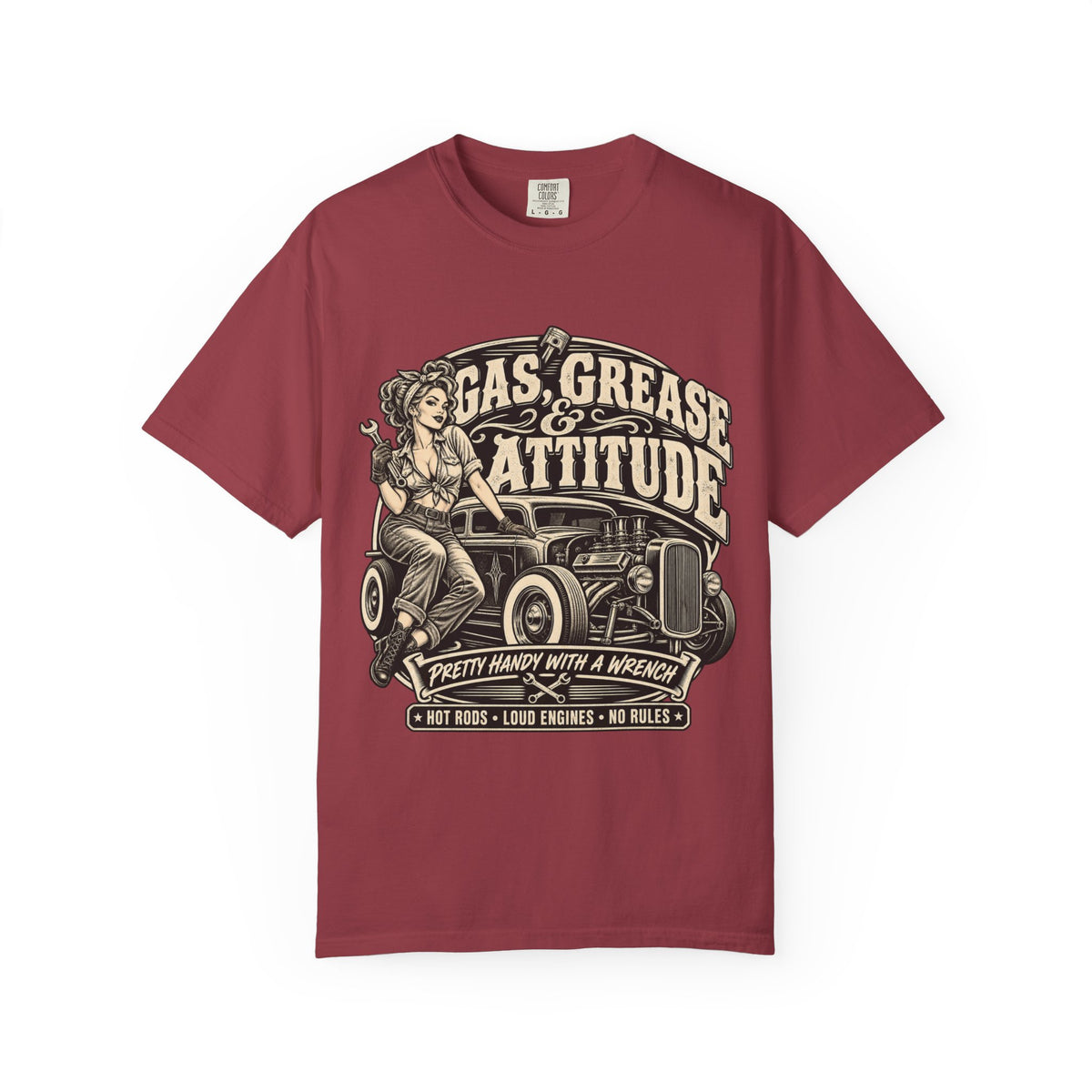 Gas, Grease & Attitude T-Shirt — Vintage Hot Rod Pinup Auto Mechanic Tee