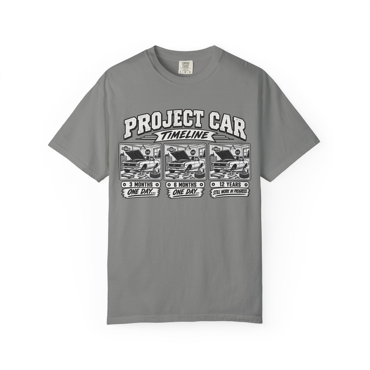 "Project Car: 0 Months, 6 Months, 12 Years" Funny Car Restoration T-Shirt