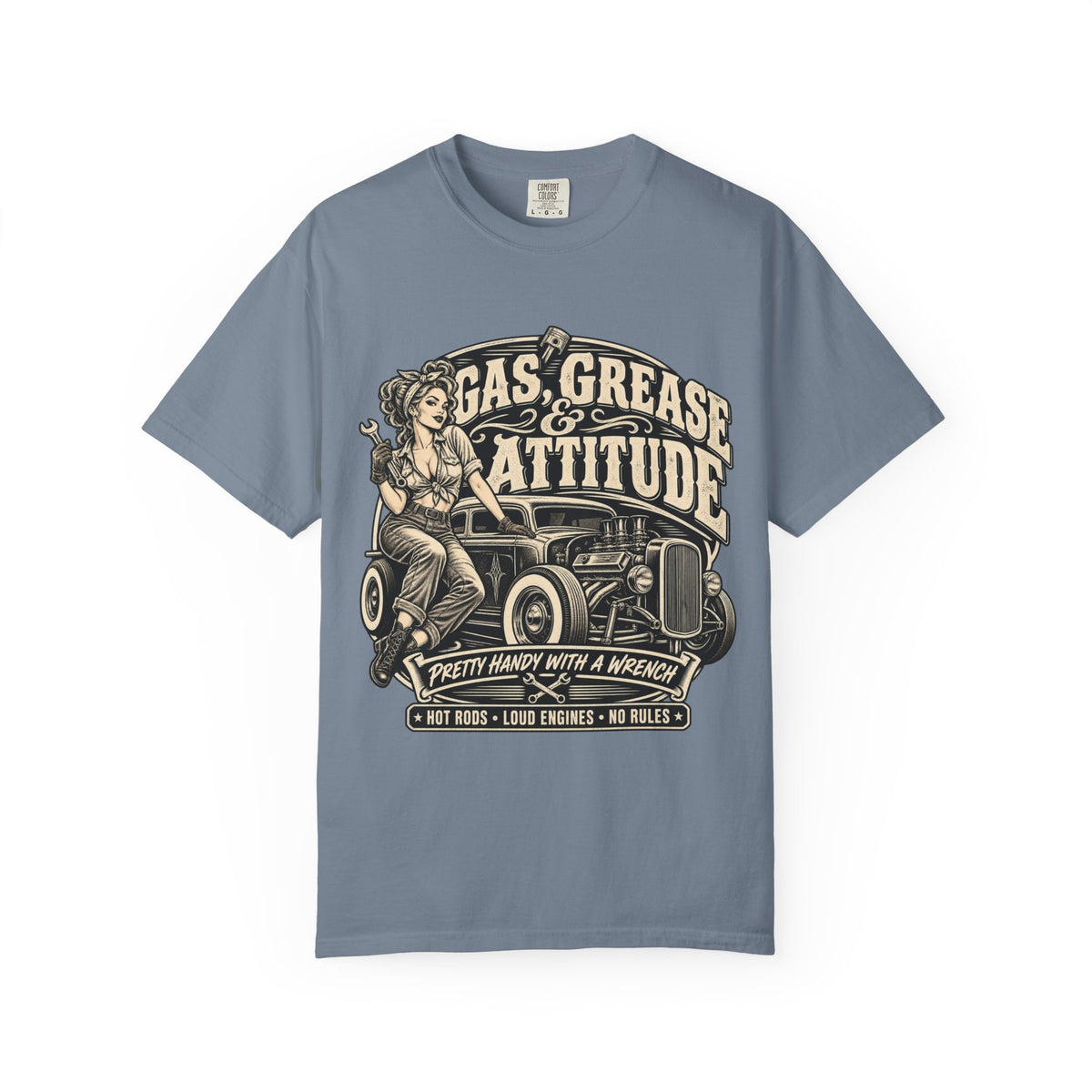 Gas, Grease & Attitude T-Shirt — Vintage Hot Rod Pinup Auto Mechanic Tee