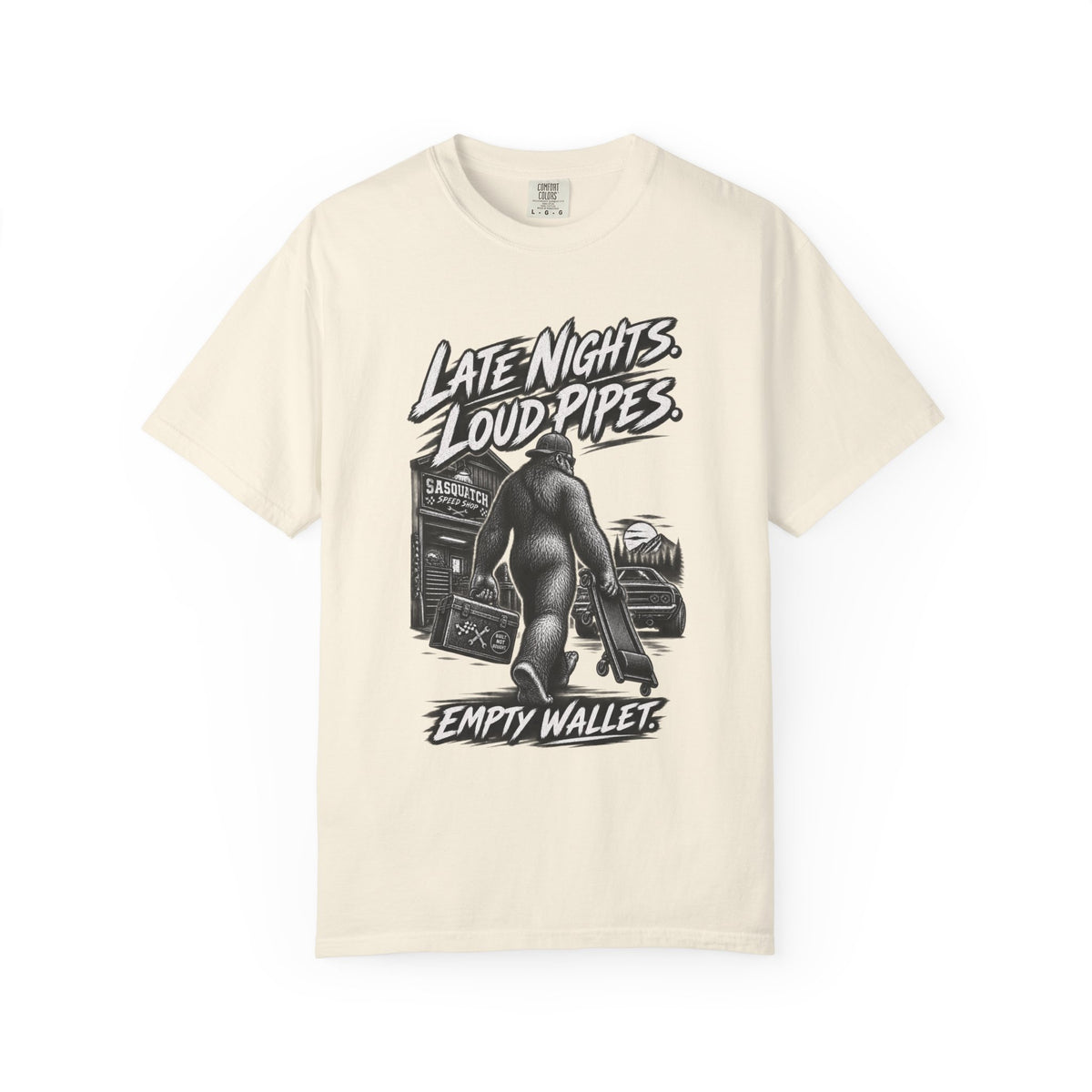 "Late Nights, Loud Pipes, Empty Wallet" Retro Sasquatch Graphic Tee