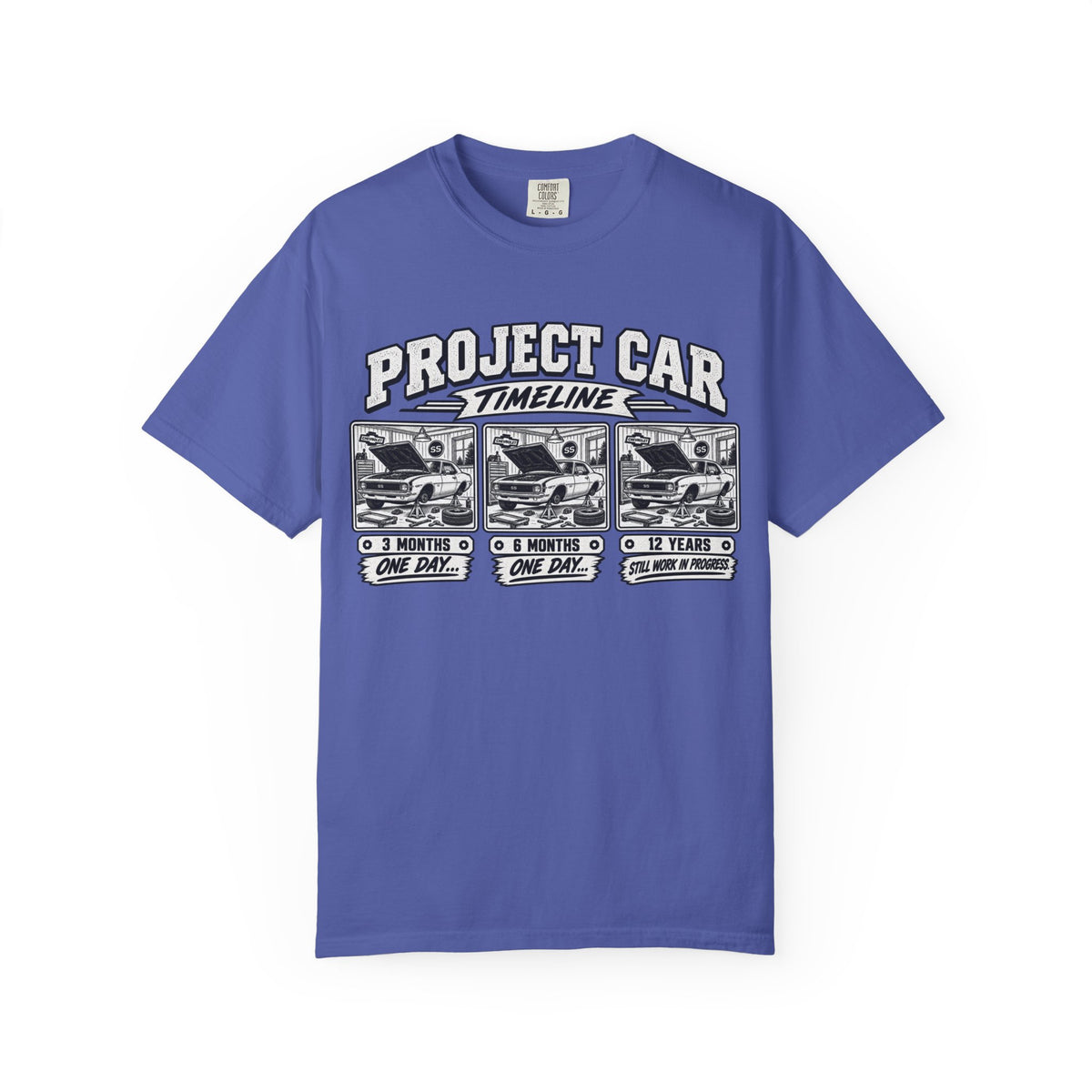 "Project Car: 0 Months, 6 Months, 12 Years" Funny Car Restoration T-Shirt