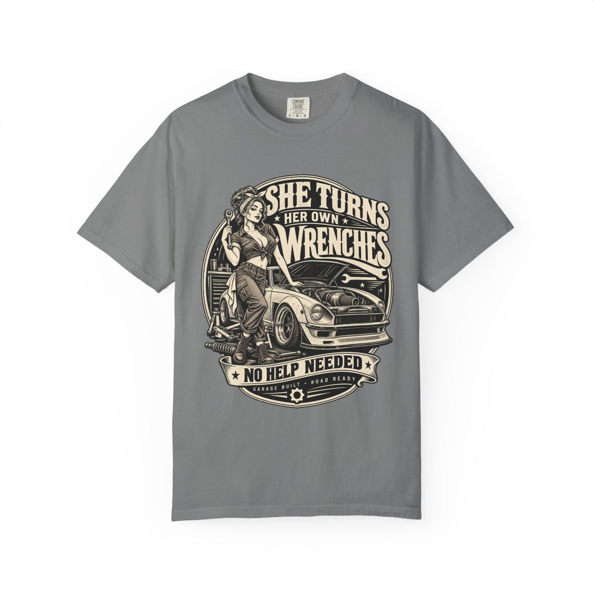 She Turns Her Own Wrenches T-Shirt — Empowered Female Mechanic Vintage Graphic Tee