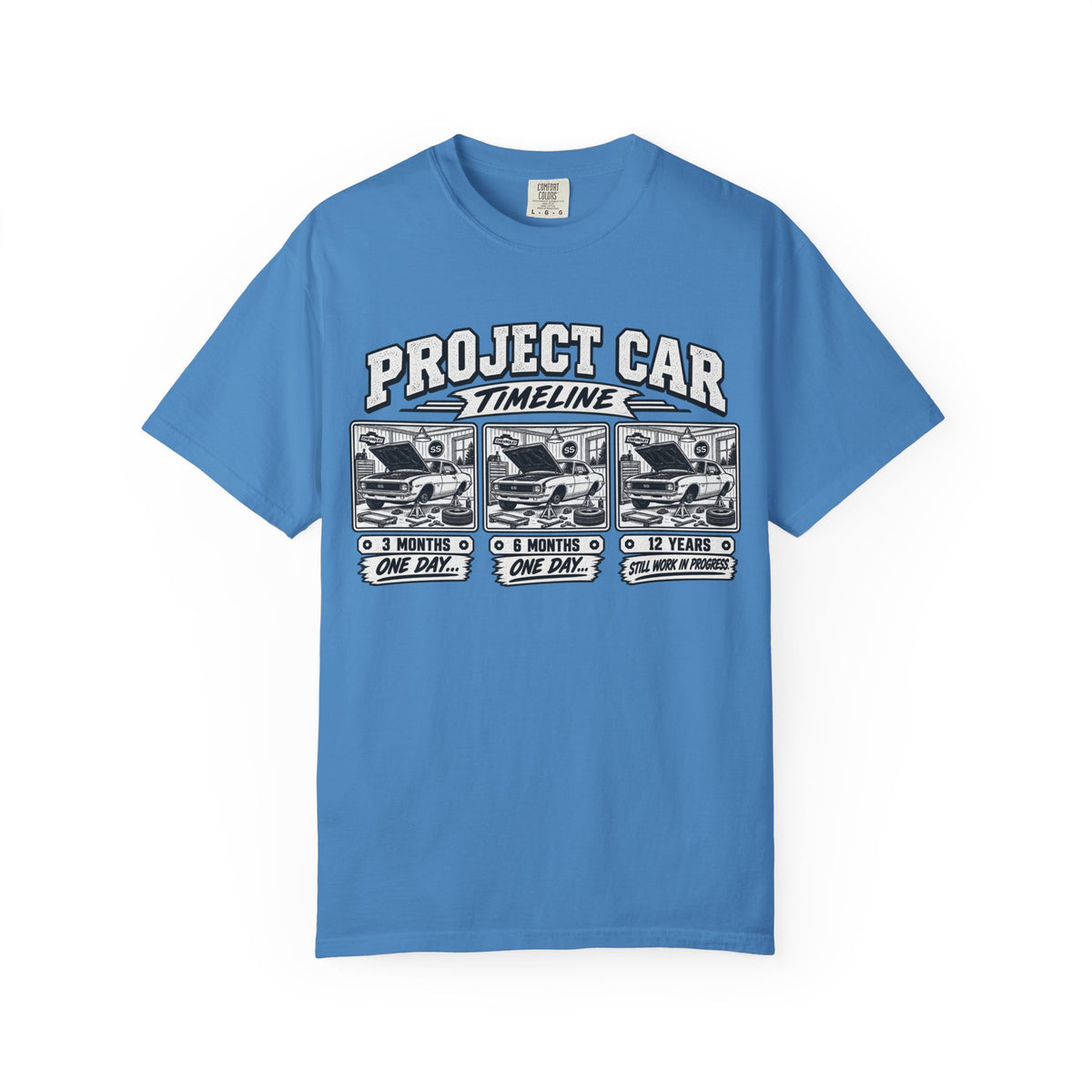 "Project Car: 0 Months, 6 Months, 12 Years" Funny Car Restoration T-Shirt