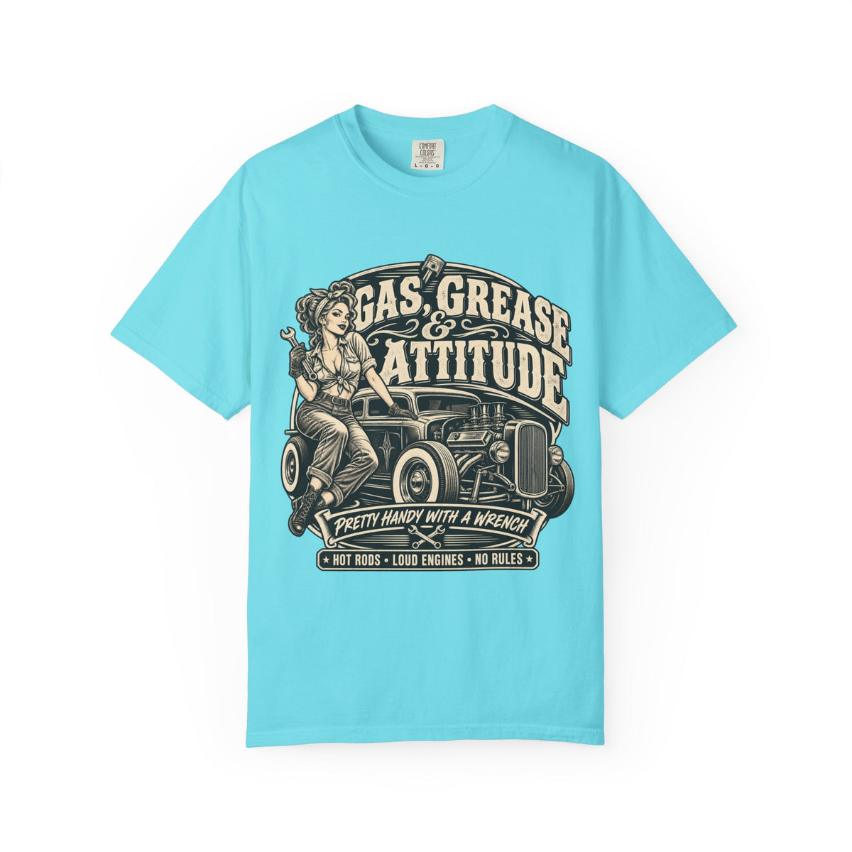 Gas, Grease & Attitude T-Shirt — Vintage Hot Rod Pinup Auto Mechanic Tee