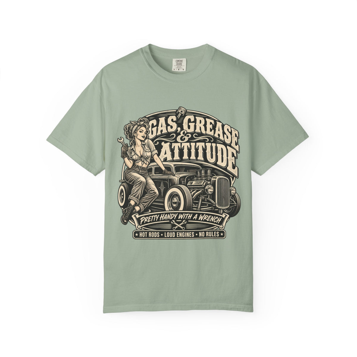 Gas, Grease & Attitude T-Shirt — Vintage Hot Rod Pinup Auto Mechanic Tee