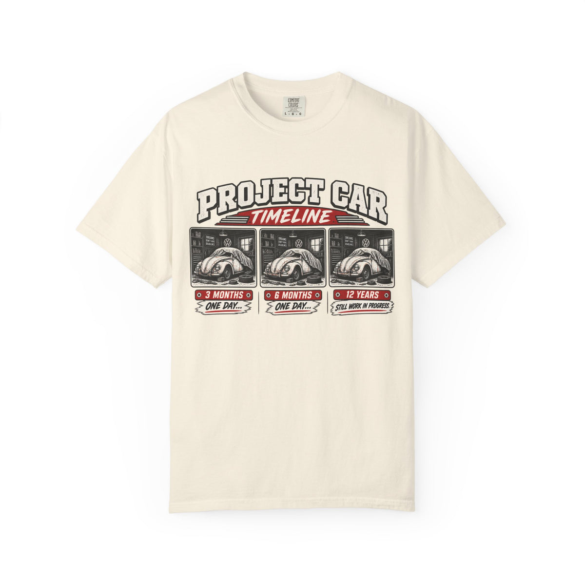 Funny Project Car Timeline T-Shirt – Car Restoration Tee ("3 Months, 6 Months, 12 Years")