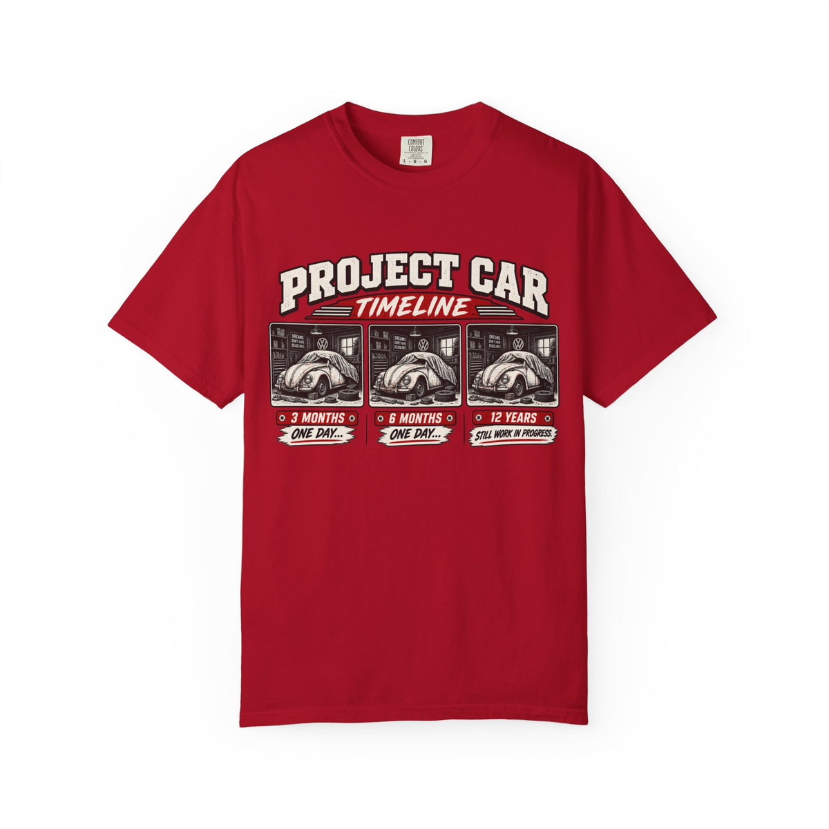 Funny Project Car Timeline T-Shirt – Car Restoration Tee ("3 Months, 6 Months, 12 Years")