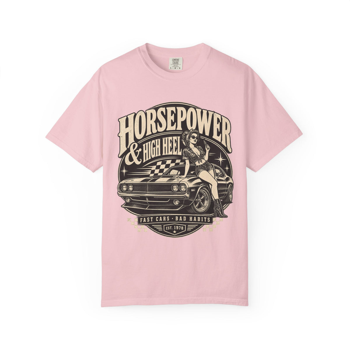 Horsepower & High Heel Car Tee — Vintage Pinup Muscle Car Graphic T-Shirt