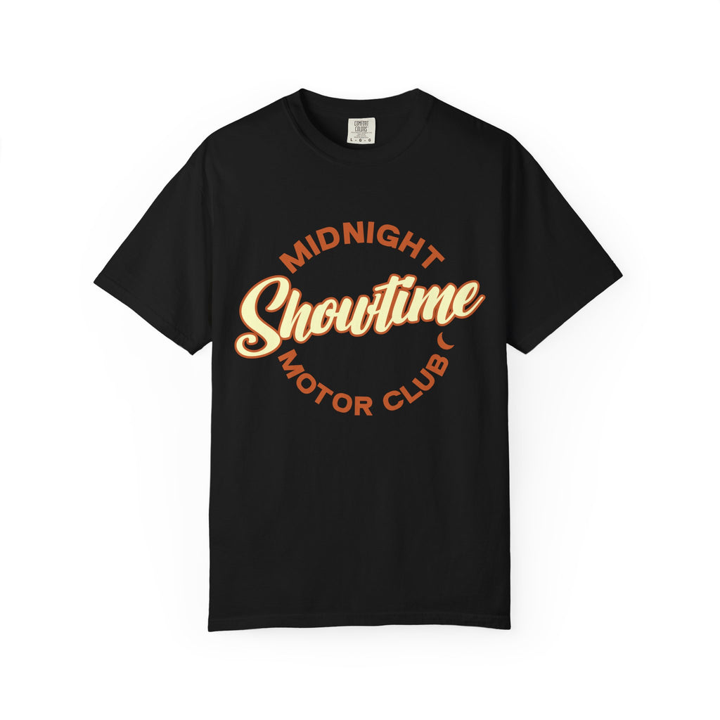 "Midnight Showtime Motor Club" Retro Script Car Culture Tee