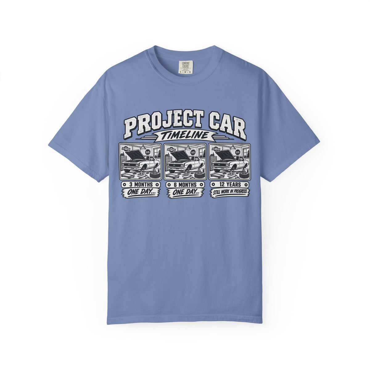 "Project Car: 0 Months, 6 Months, 12 Years" Funny Car Restoration T-Shirt