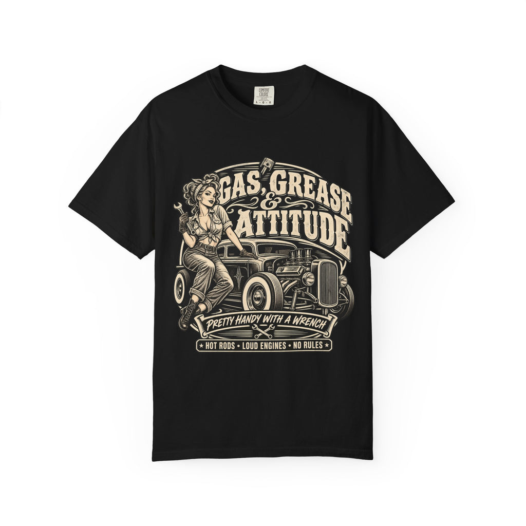Gas, Grease & Attitude T-Shirt — Vintage Hot Rod Pinup Auto Mechanic Tee