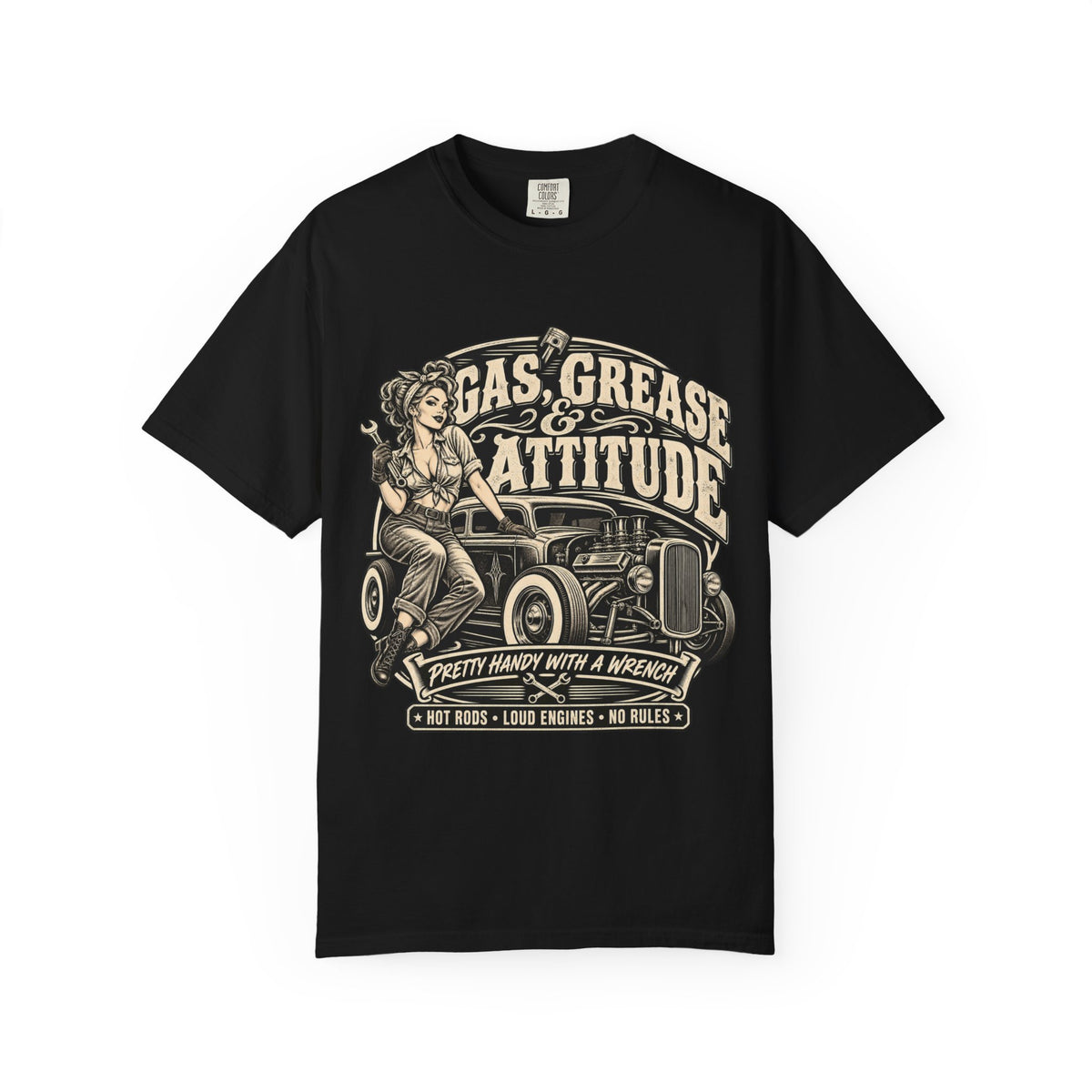 Gas, Grease & Attitude T-Shirt — Vintage Hot Rod Pinup Auto Mechanic Tee
