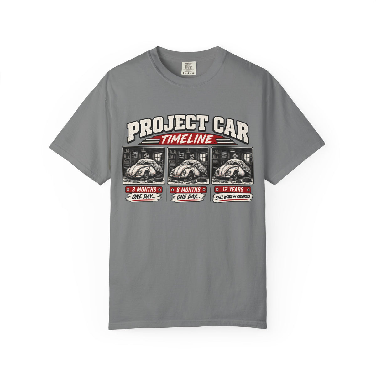Funny Project Car Timeline T-Shirt – Car Restoration Tee ("3 Months, 6 Months, 12 Years")