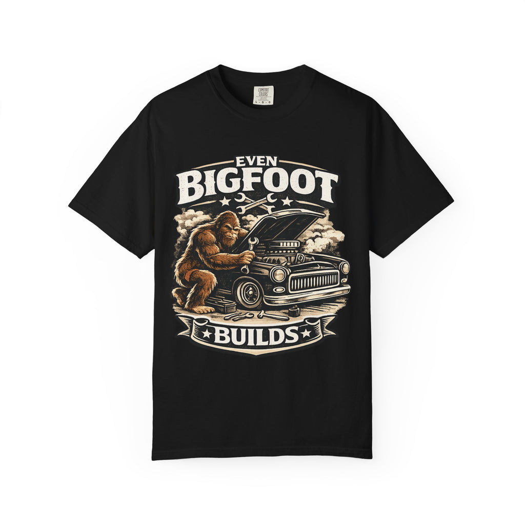 Bigfoot Builds T‑Shirt — Vintage Sasquatch Hot Rod Mechanic Tee