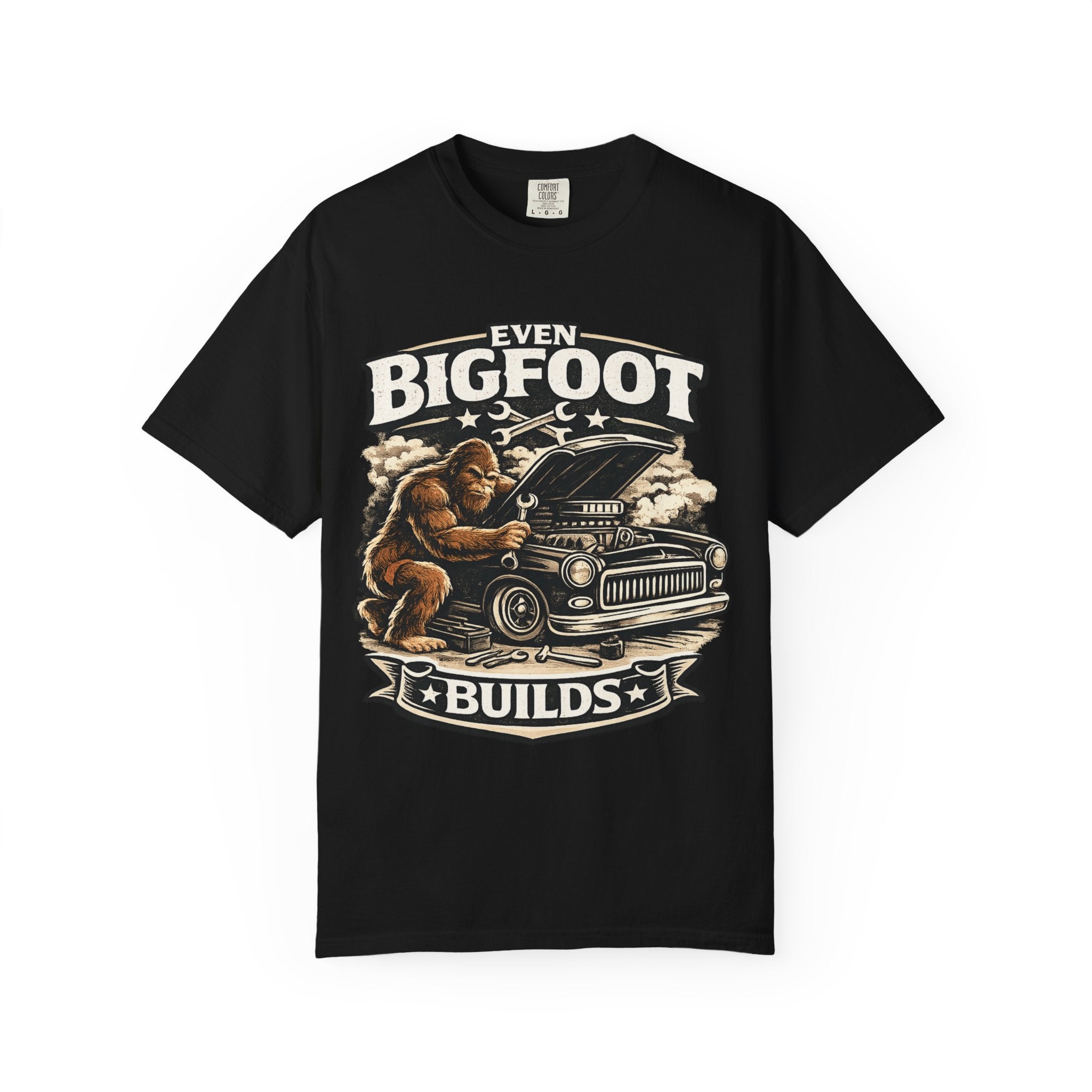 Bigfoot Builds T‑Shirt — Vintage Sasquatch Hot Rod Mechanic Tee