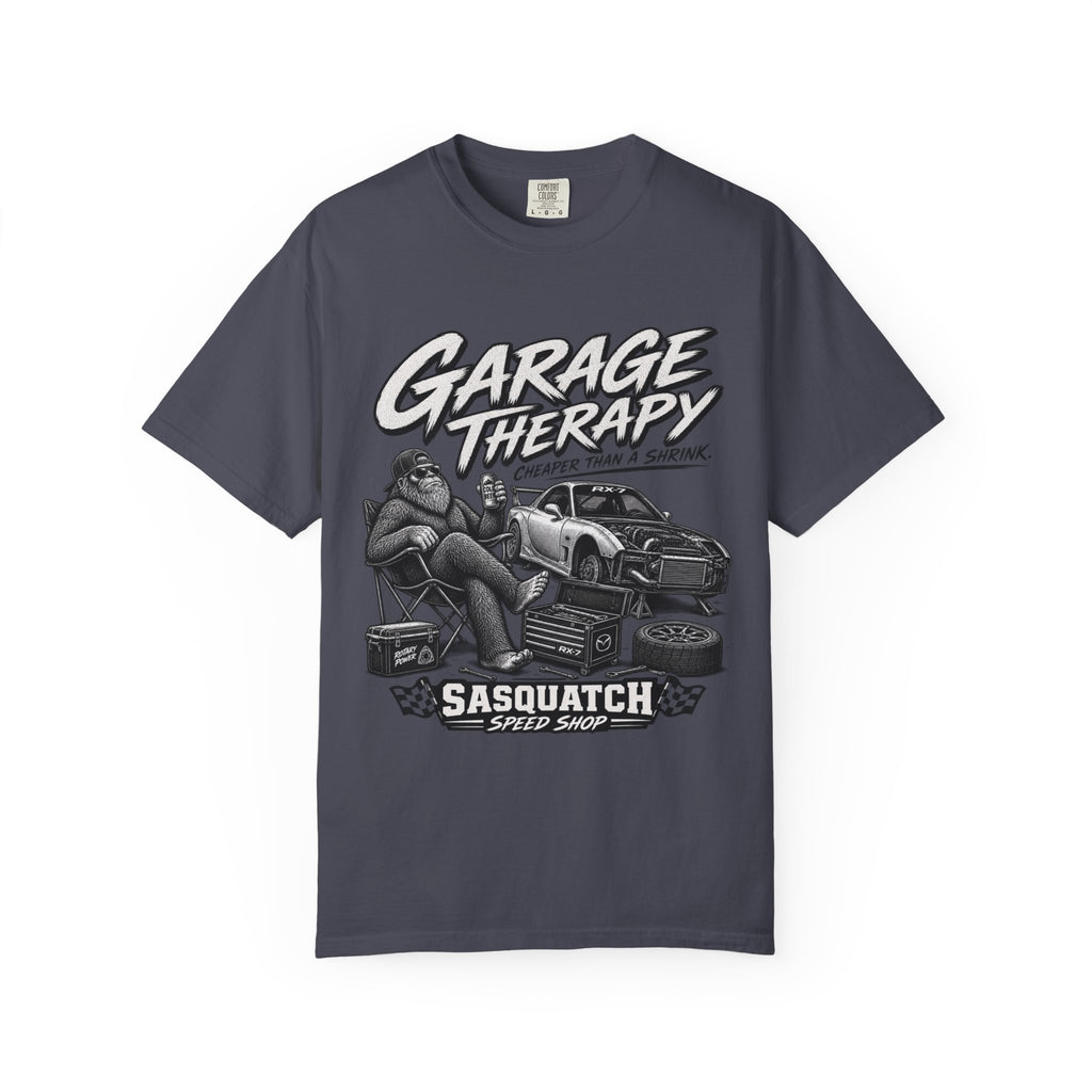 Garage Therapy T-Shirt — "Garage Therapy: Cheaper Than a Shrink" Sasquatch Speed Shop Tee
