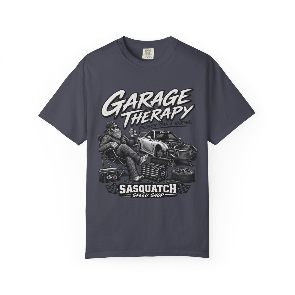 Garage Therapy T-Shirt — "Garage Therapy: Cheaper Than a Shrink" Sasquatch Speed Shop Tee