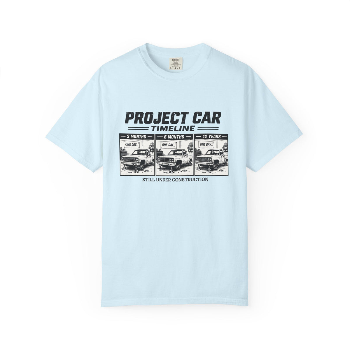 Project Car Timeline T-Shirt — "Project Car: Still Under Construction" Auto Mechanic Tee