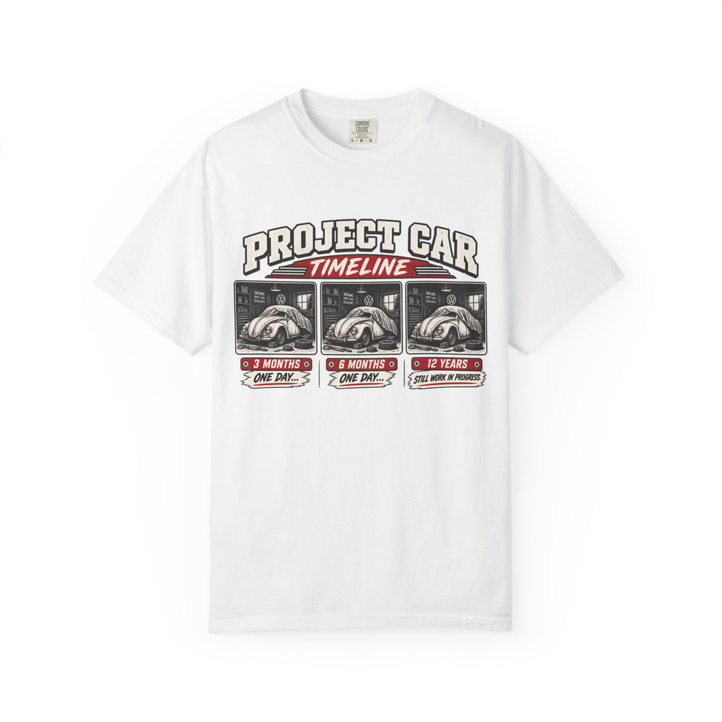 Funny Project Car Timeline T-Shirt – Car Restoration Tee ("3 Months, 6 Months, 12 Years")