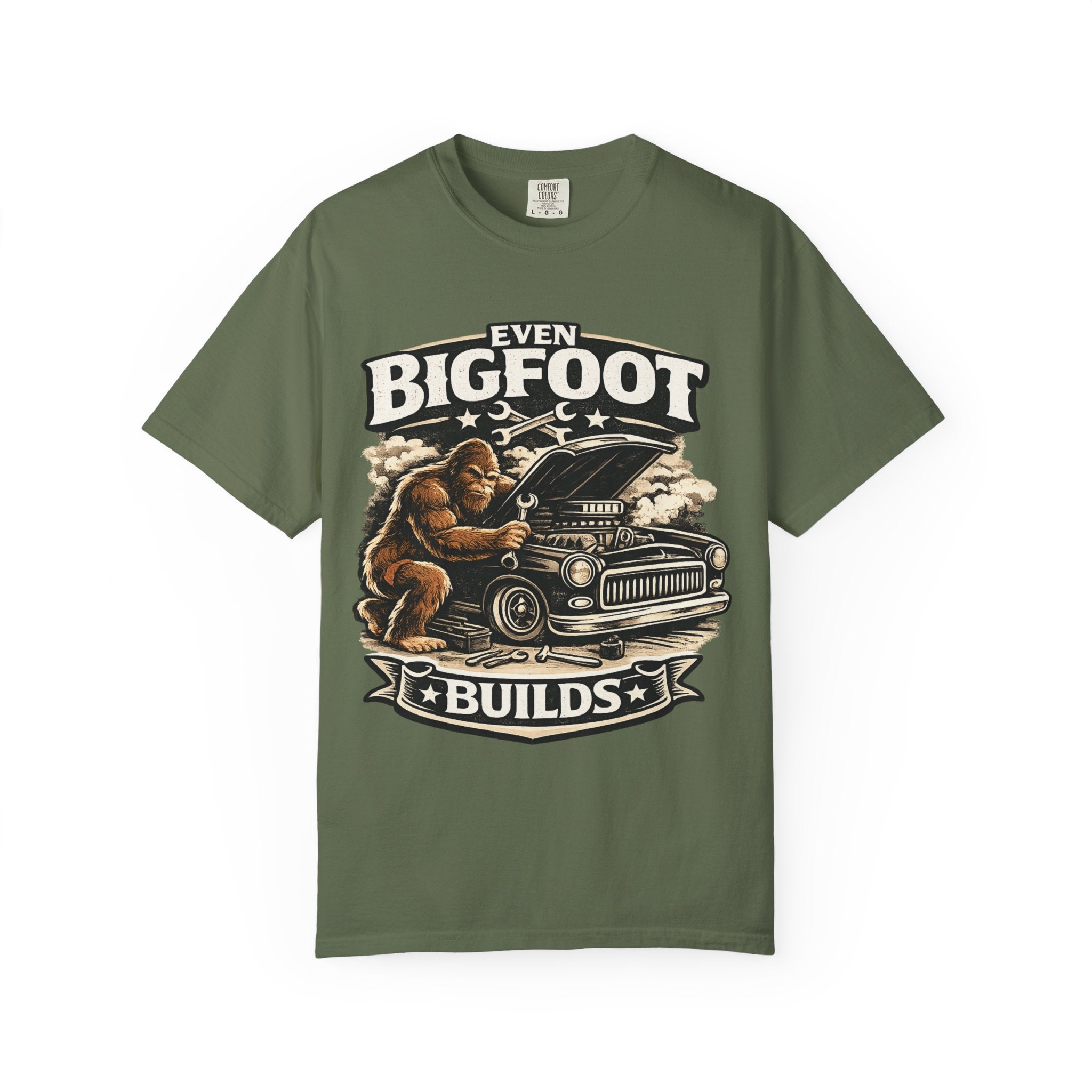 Bigfoot Builds T‑Shirt — Vintage Sasquatch Hot Rod Mechanic Tee