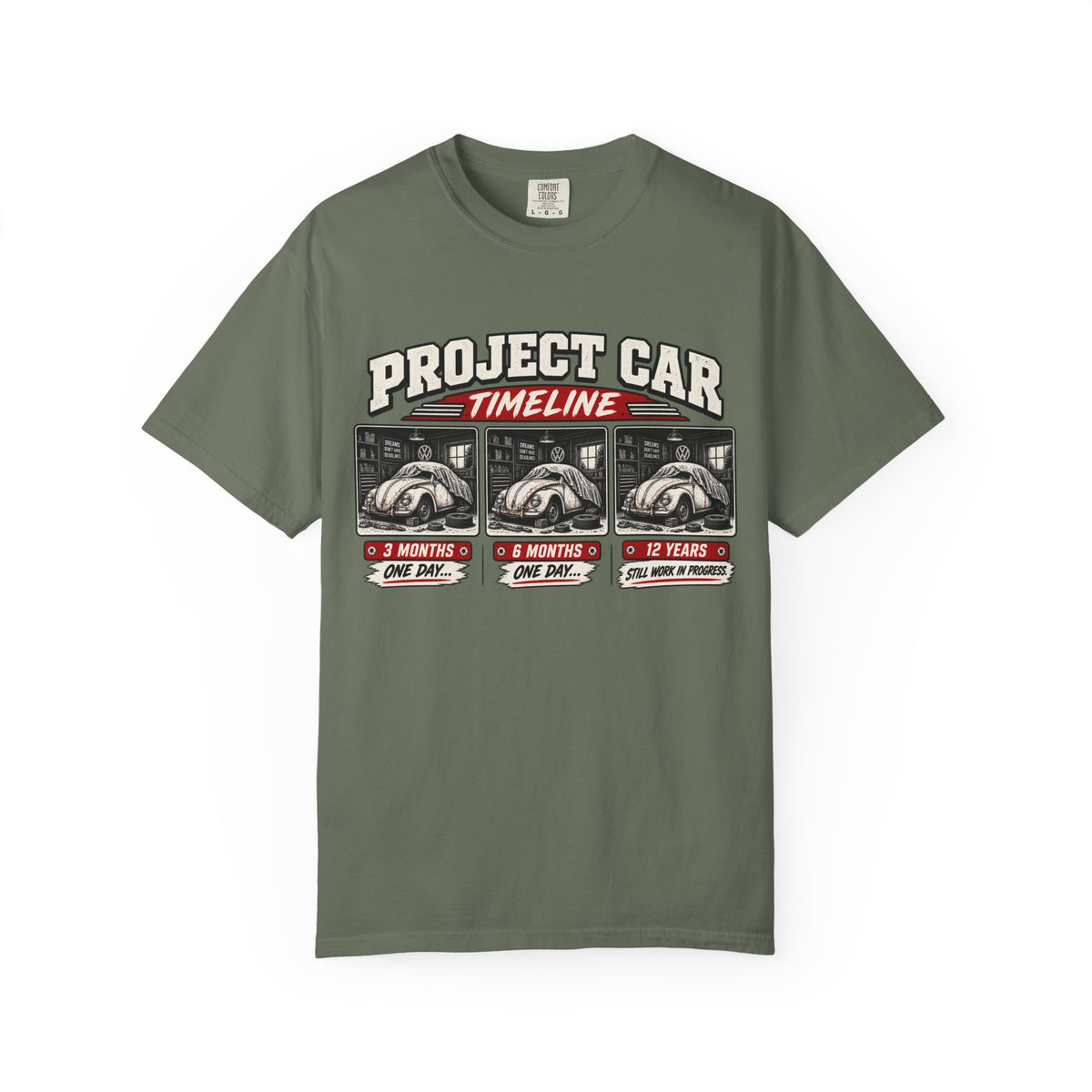 Funny Project Car Timeline T-Shirt – Car Restoration Tee ("3 Months, 6 Months, 12 Years")