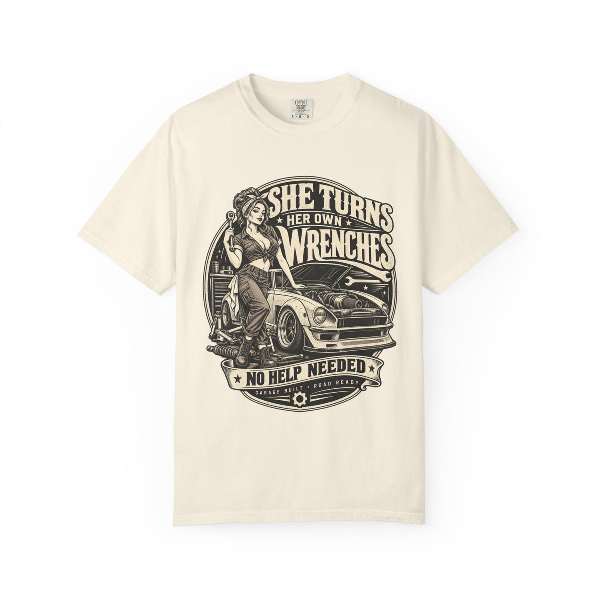She Turns Her Own Wrenches T-Shirt — Empowered Female Mechanic Vintage Graphic Tee