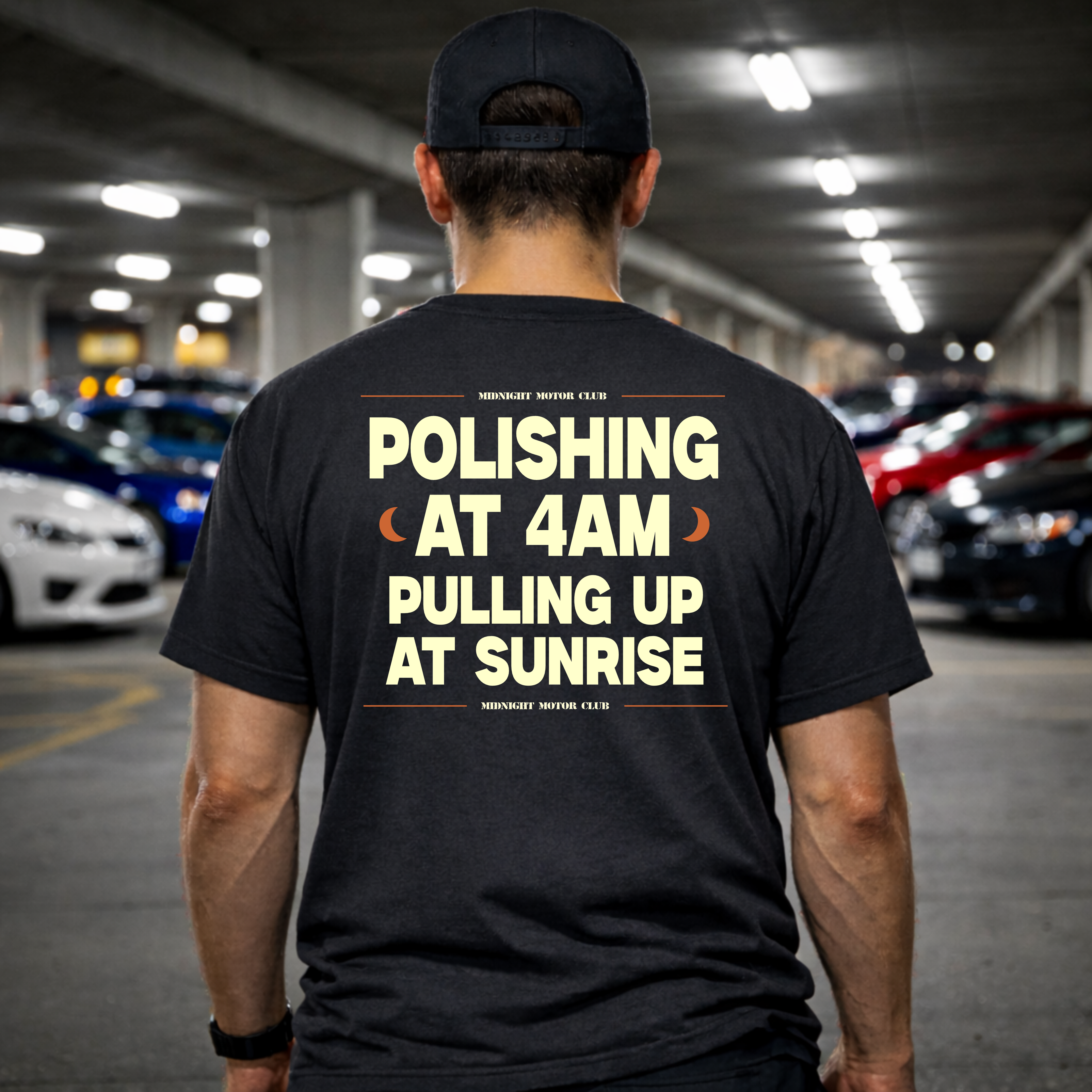 Midnight Motor Club T-Shirt — "Polishing at 4AM, Pulling Up at Sunrise" Vintage Car Crew Tee