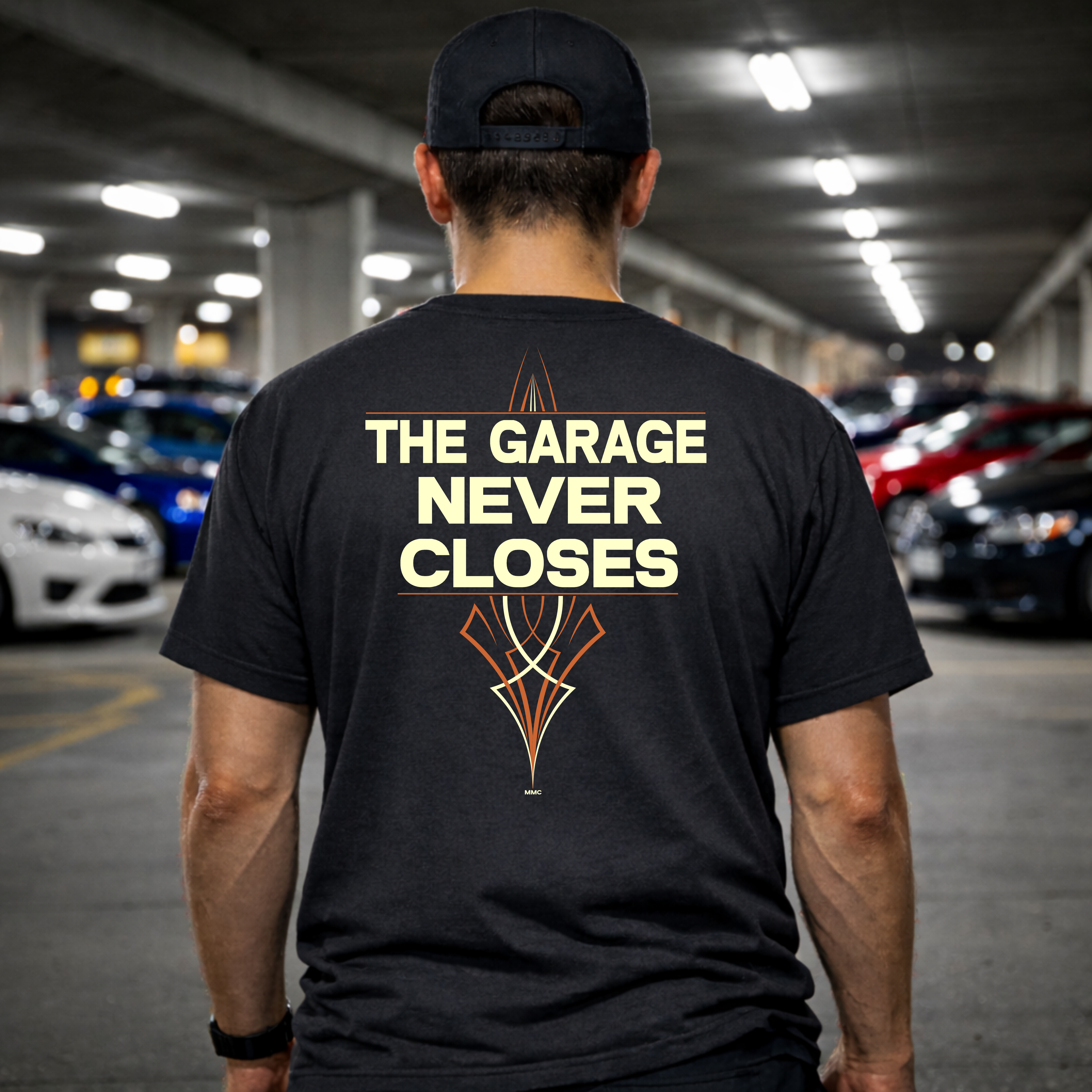 Midnight Motor Club T-Shirt — “The Garage Never Closes” Vintage Car Crew Tee