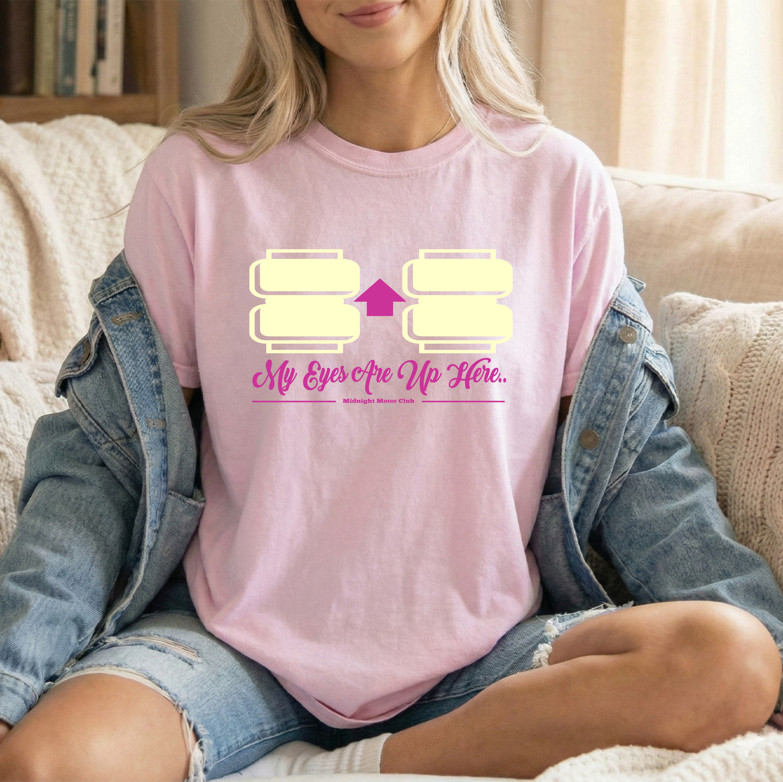 T-Shirt — “My Eyes Are Up Here” Novelty Graphic Tee (Chest-Highlight Design)
